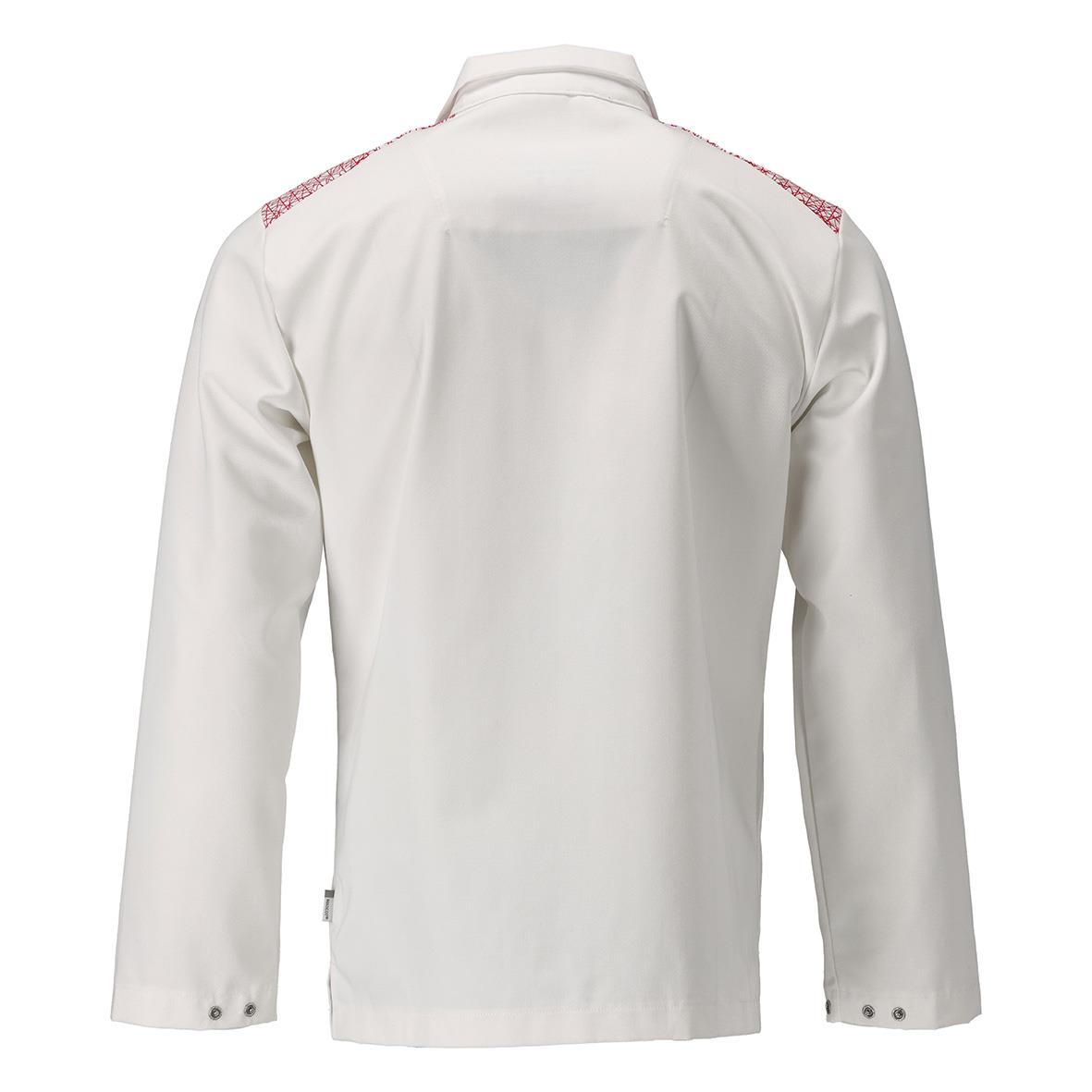 Vit jacka med röda detaljer på axlarna sett bakifrån
