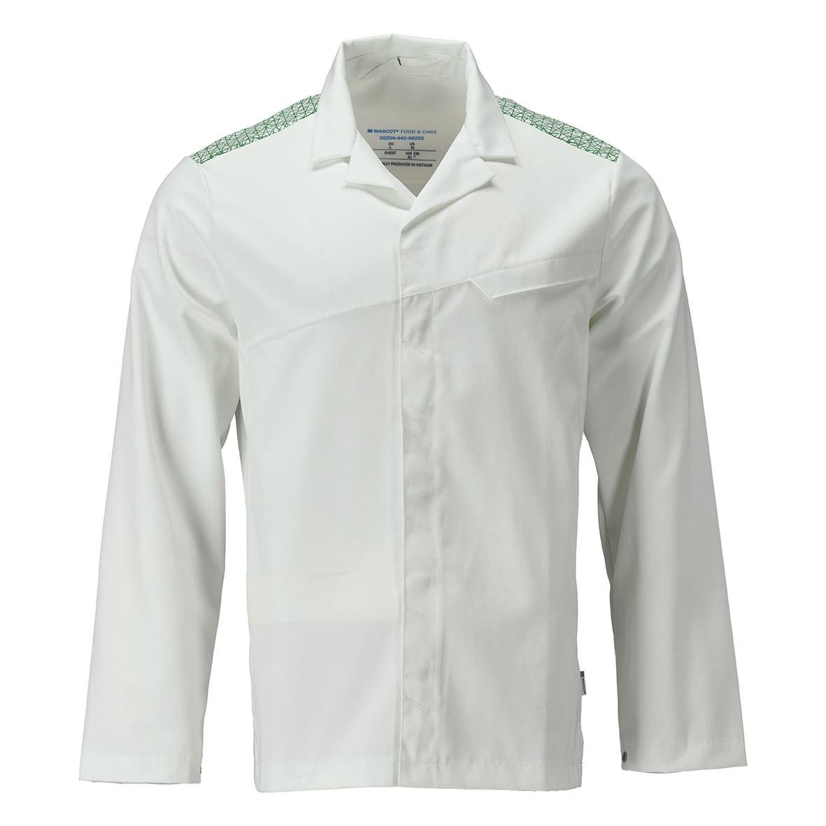 Vit sportjacka med gröna detaljer på axlarna och dragkedja fram