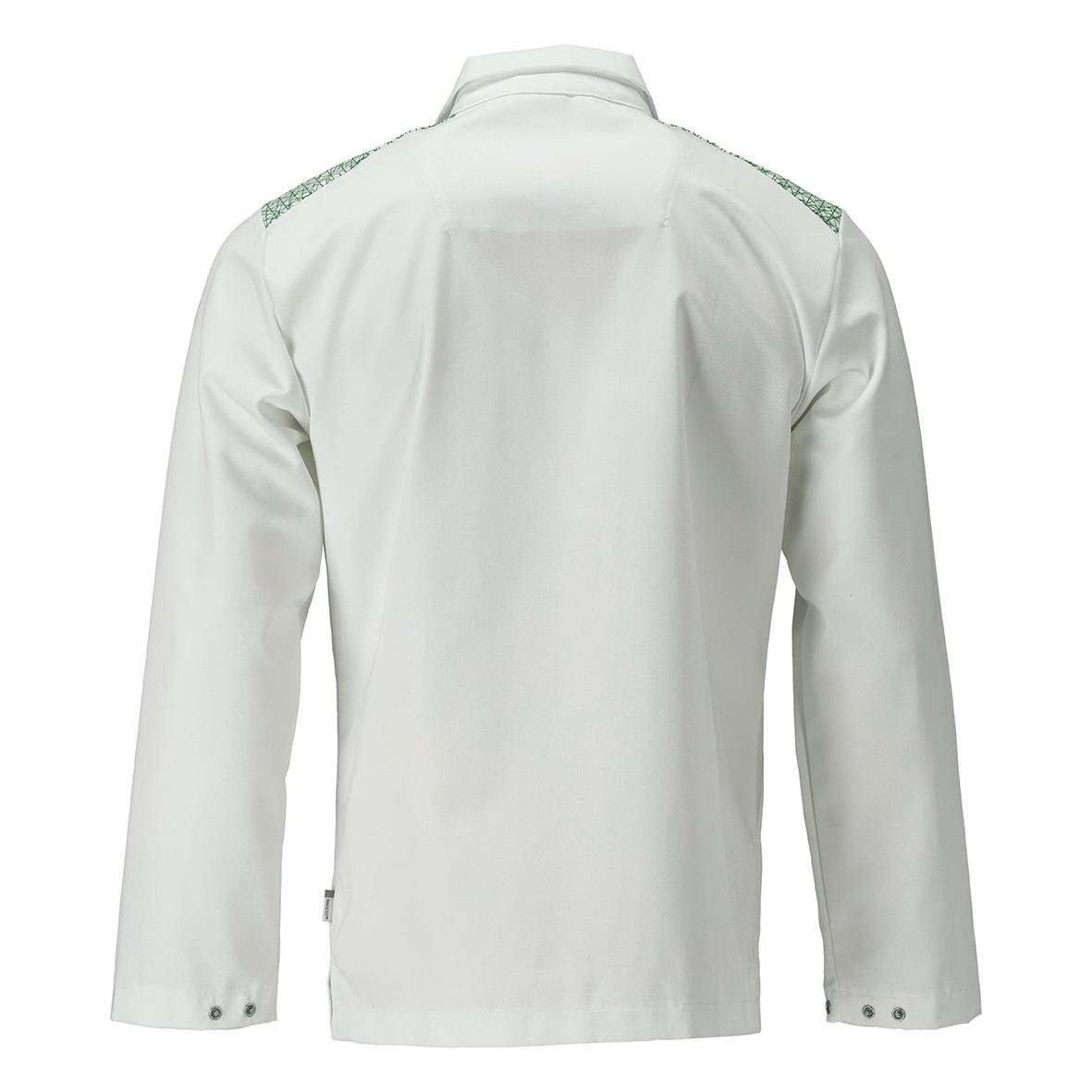 Vitt sportjacka med gröna detaljer på axlarna sedd bakifrån