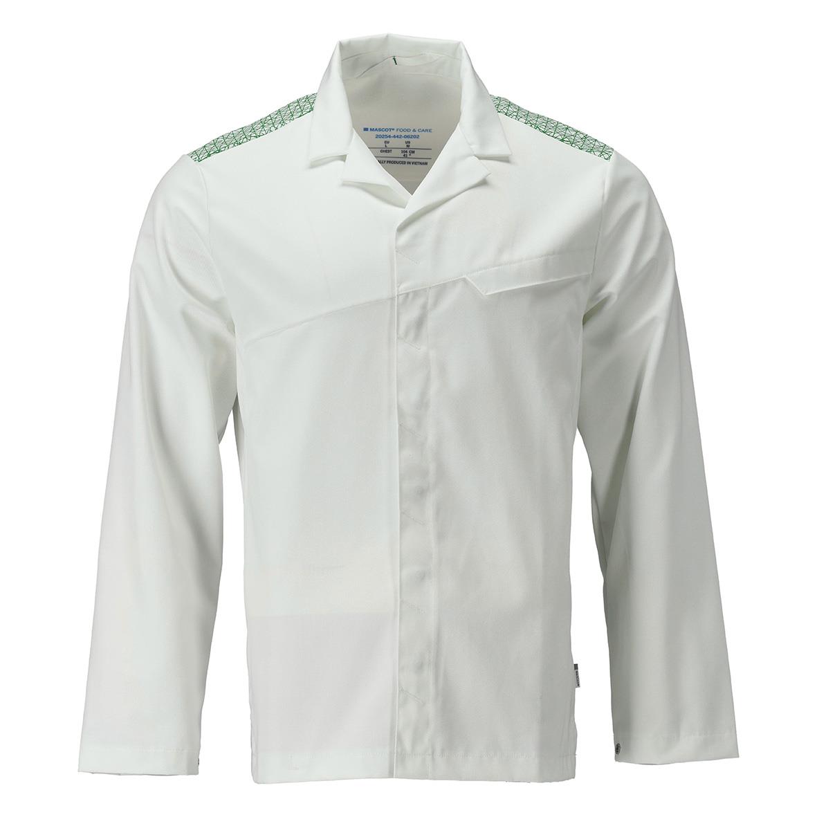 Vit sportjacka med dragkedja och gröna detaljer på axlarna