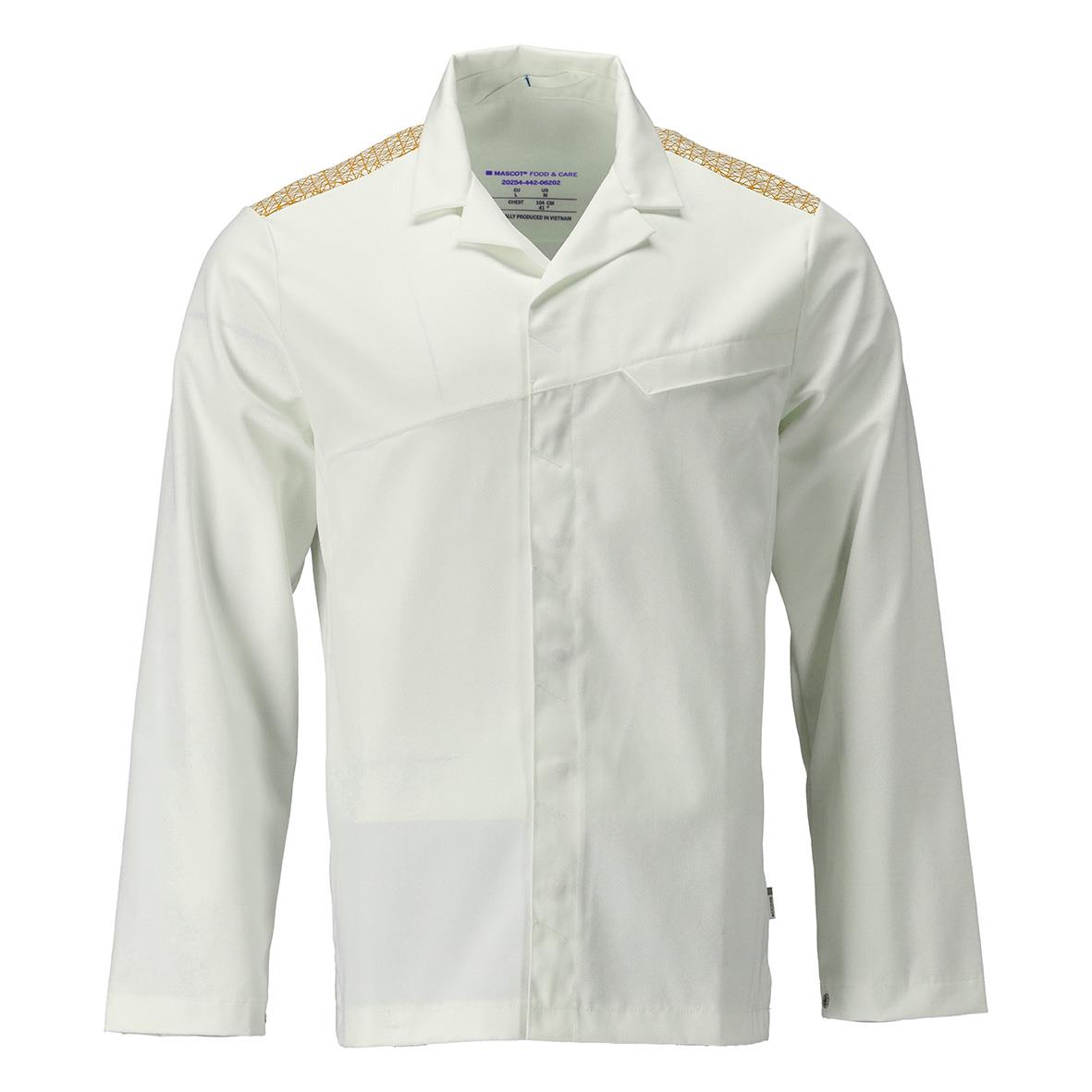 Vit uniformjacka med guldiga axelspännen och krage