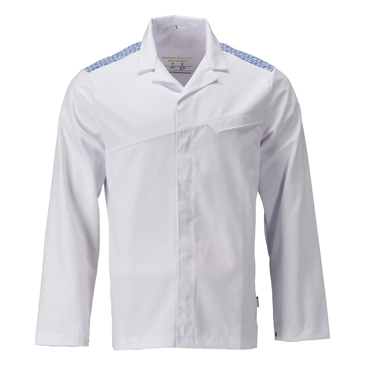 Vit kocka med blå mönster på axlarna och långärmad design