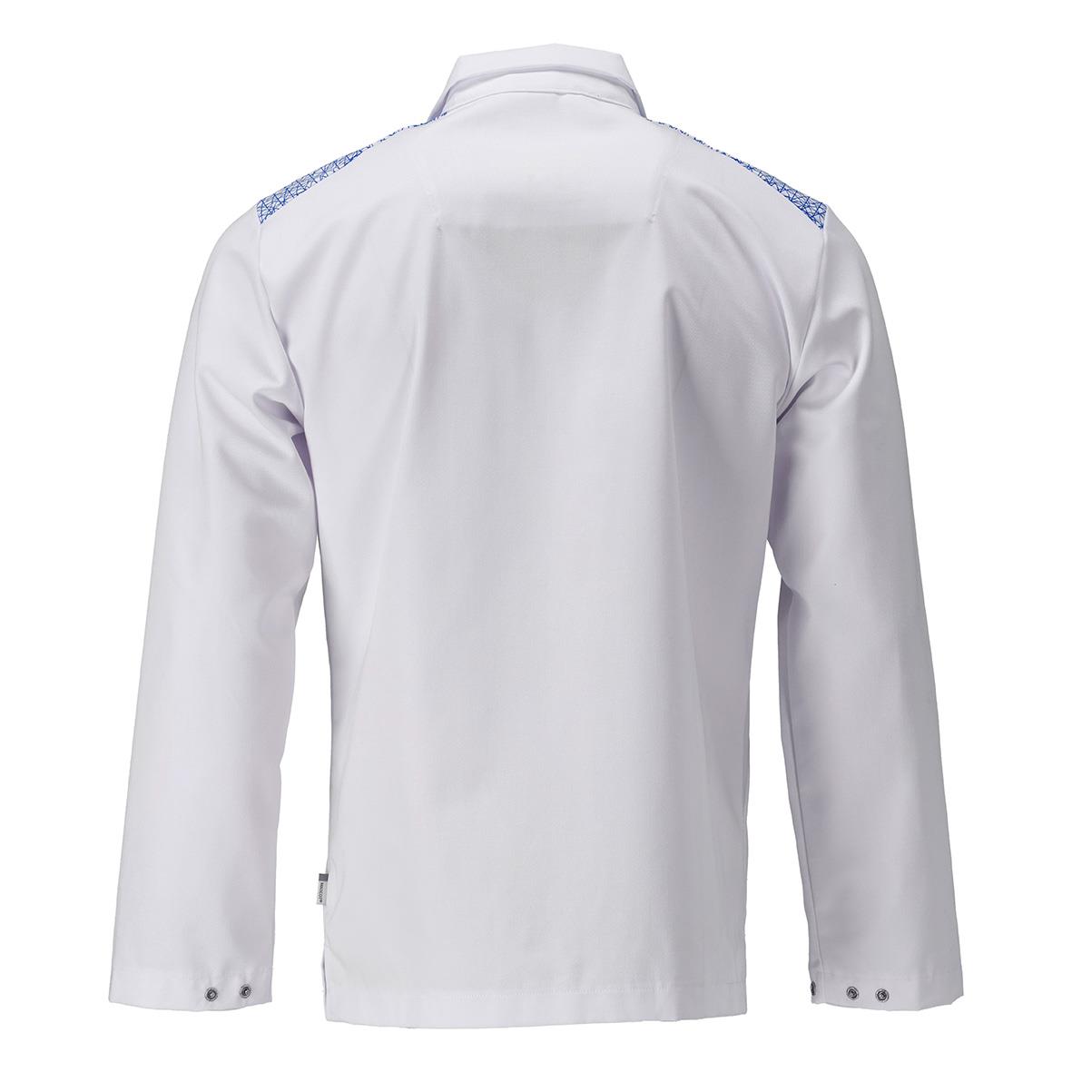 Vitt arbetsjacka med blå detaljer på axlarna sett bakifrån