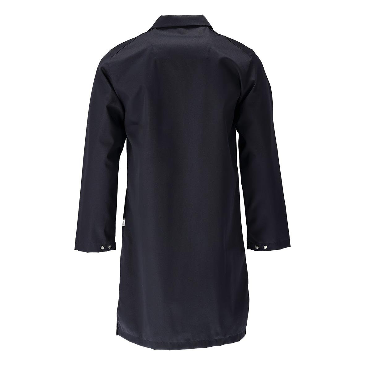Mörkblå långärmad jacka med knappar vid ärmslutet och knappar framtill