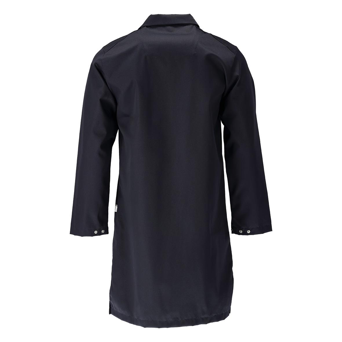 Mörkblå långärmad jacka med knappar vid ärmslutet och knappar framtill