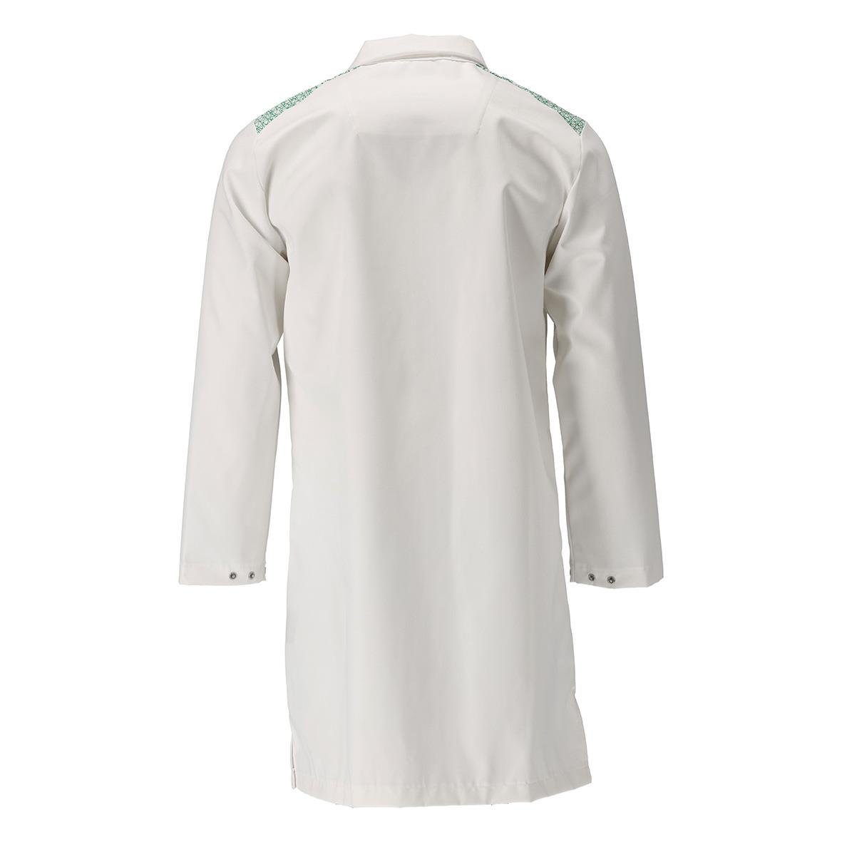 Vit labbrock med gröna detaljer på axlarna och ärmlängd till knäna