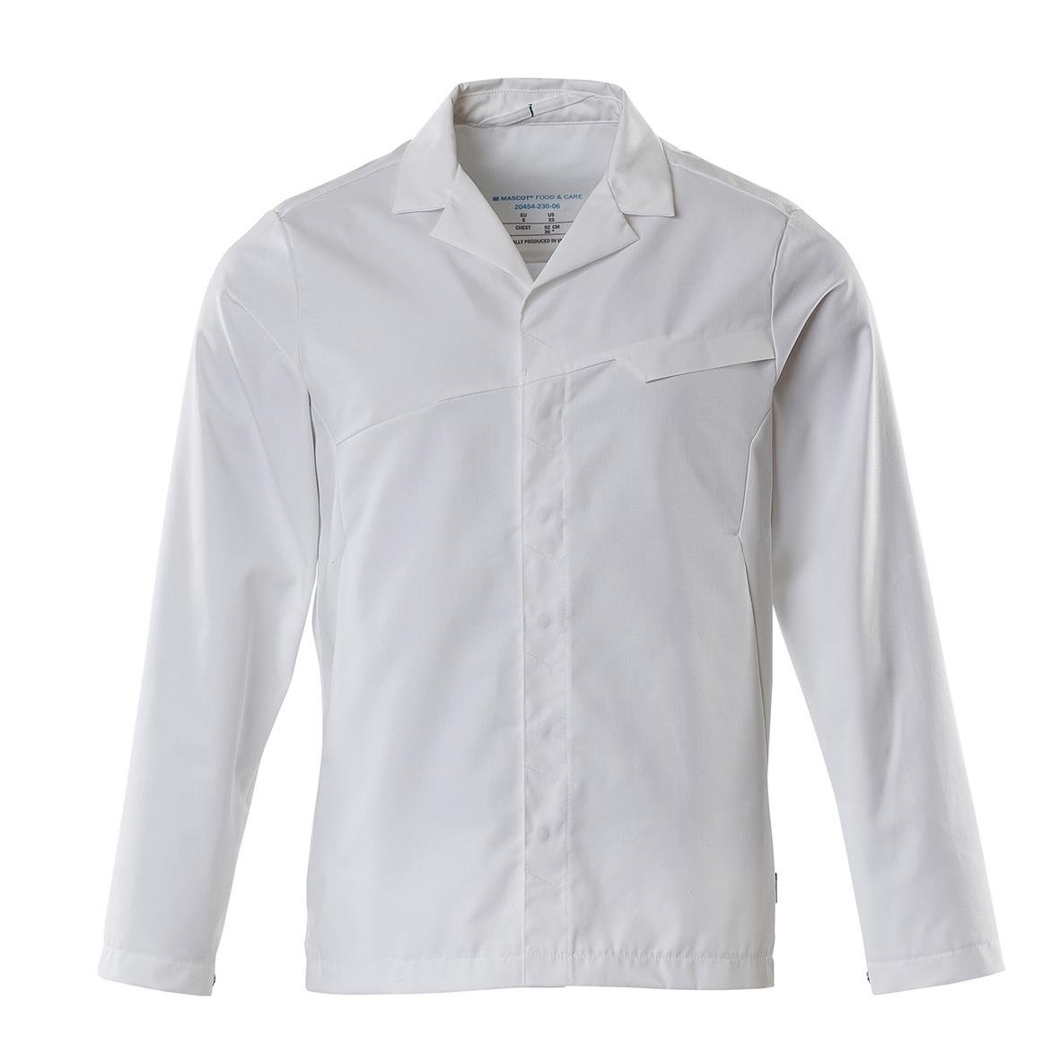 Vit arbetsjacka med krage och knappar, långärmad och enkel design