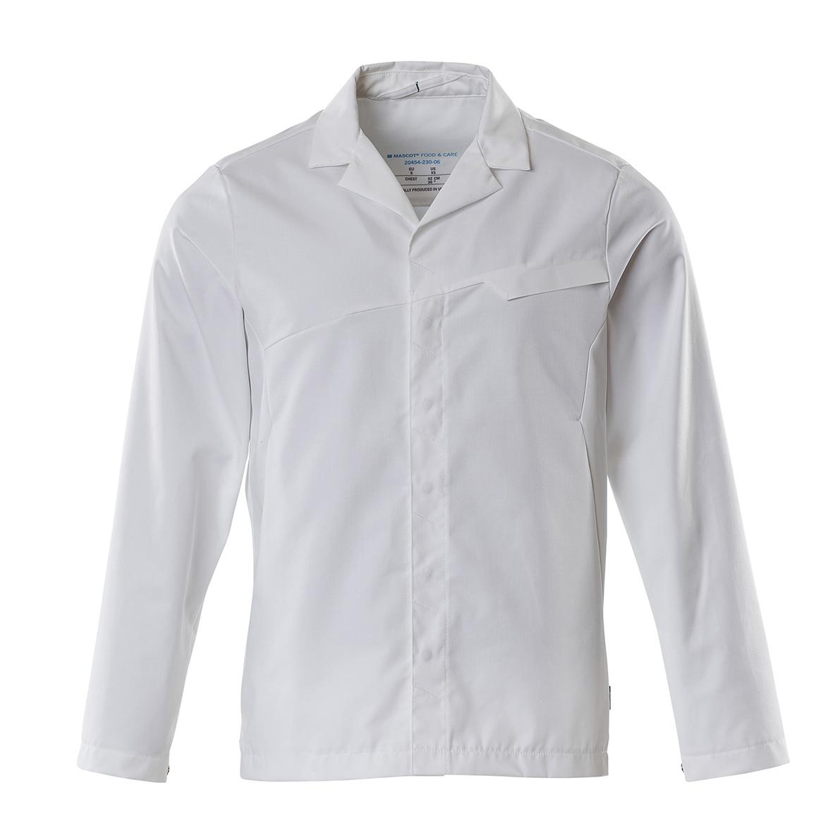 Vit arbetsjacka med krage och knappar, långärmad och enkel design