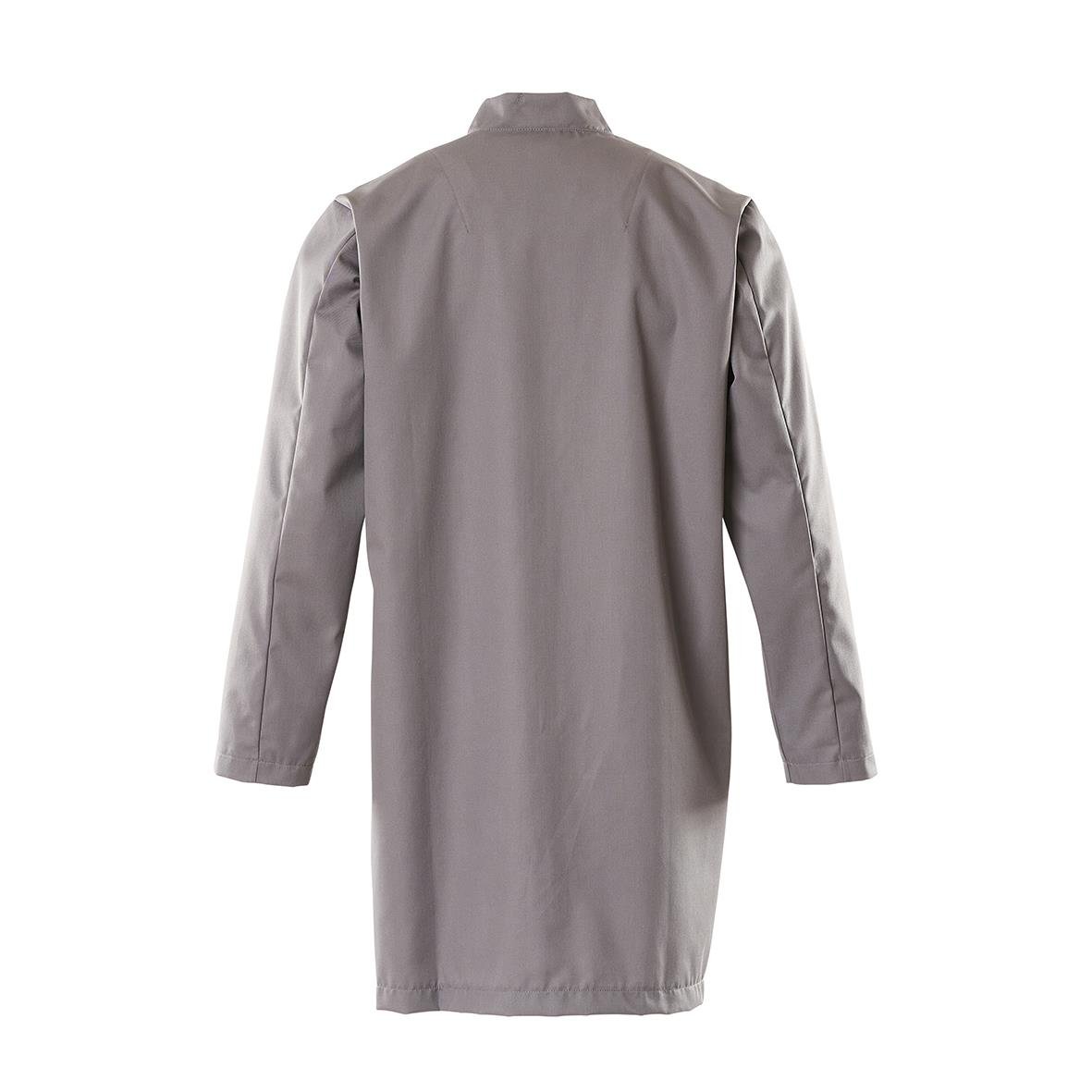 Lång grå kappa eller labbrock med krage och långa ärmar sett bakifrån