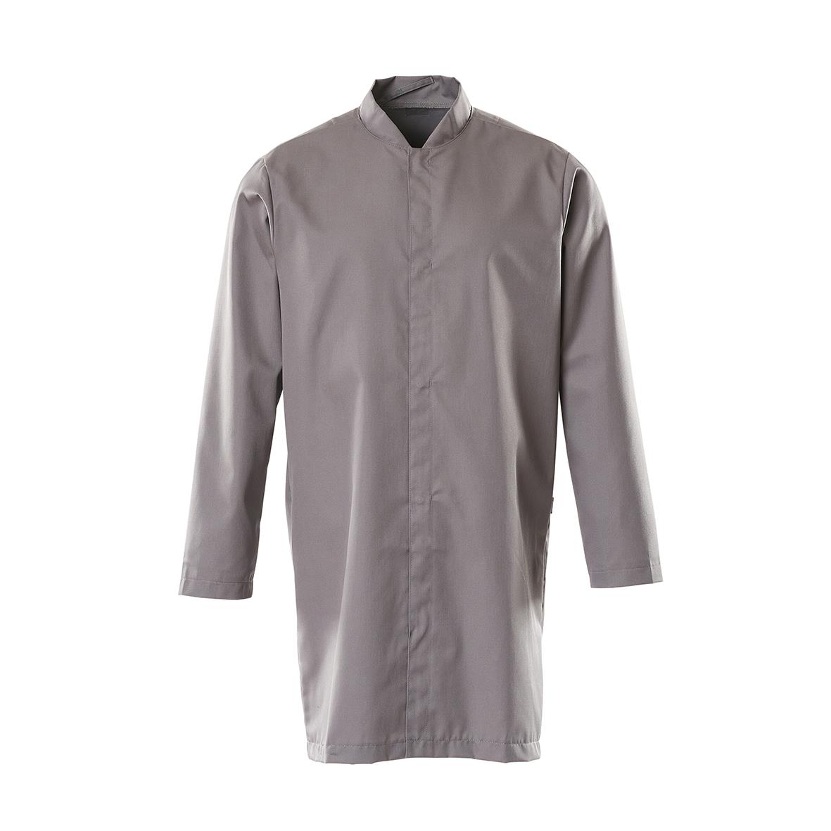 Grå kockrock med ståkrage och knäppning framtill