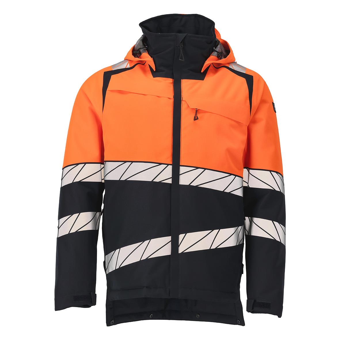 Vinterjacka i marin och varselorange med svart och vit mönster, storlek 2XL