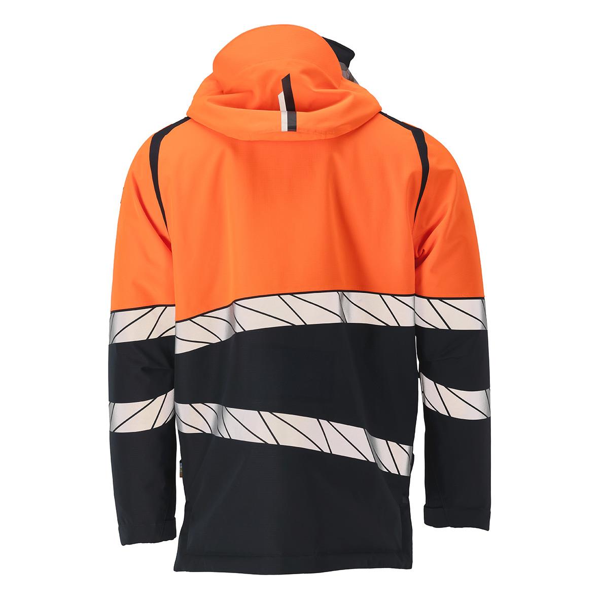 Vinterjacka i marin och varselorange med svart och vit mönster, storlek 2XL