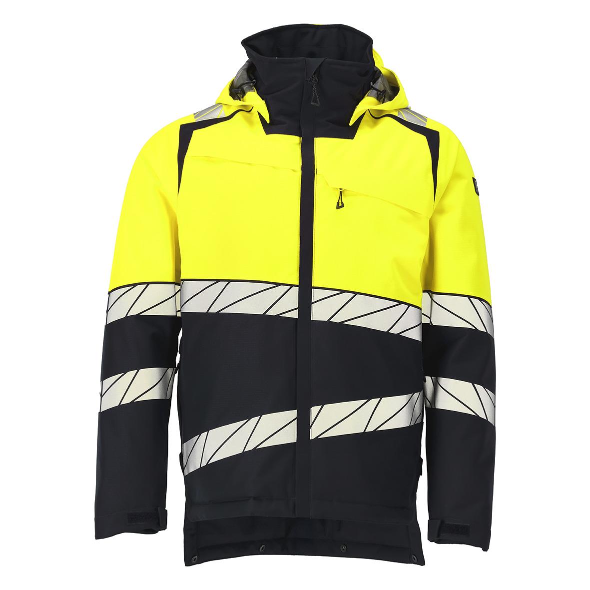 Vinterjacka i marin och varselgul med reflexband, dragkedja fram, huva och fickor