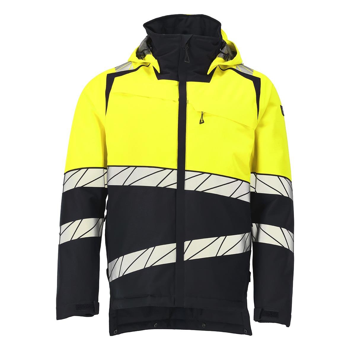 Vinterjacka i marin och varselgul med reflexband, dragkedja fram, huva och fickor