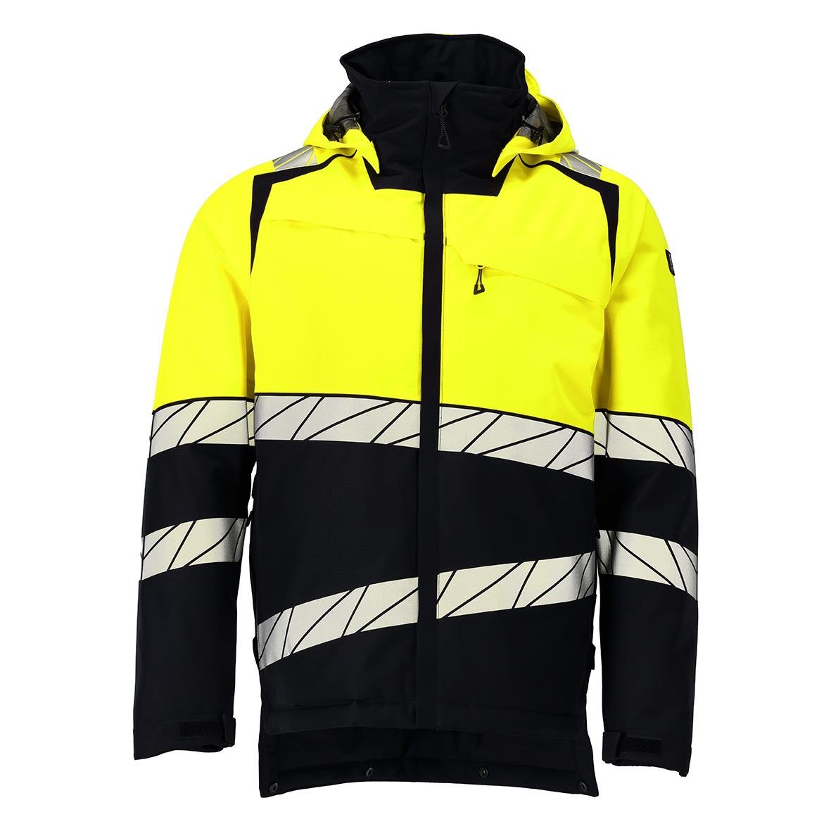 Vinterjacka i svart och varselgult med reflexdetaljer, storlek 2XL