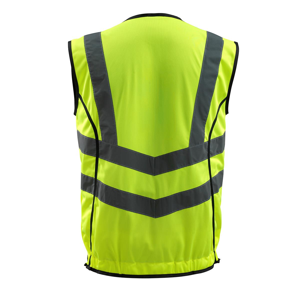 Varselväst i klass 2 med reflexer och varningsgult tyg, fram- och baksida