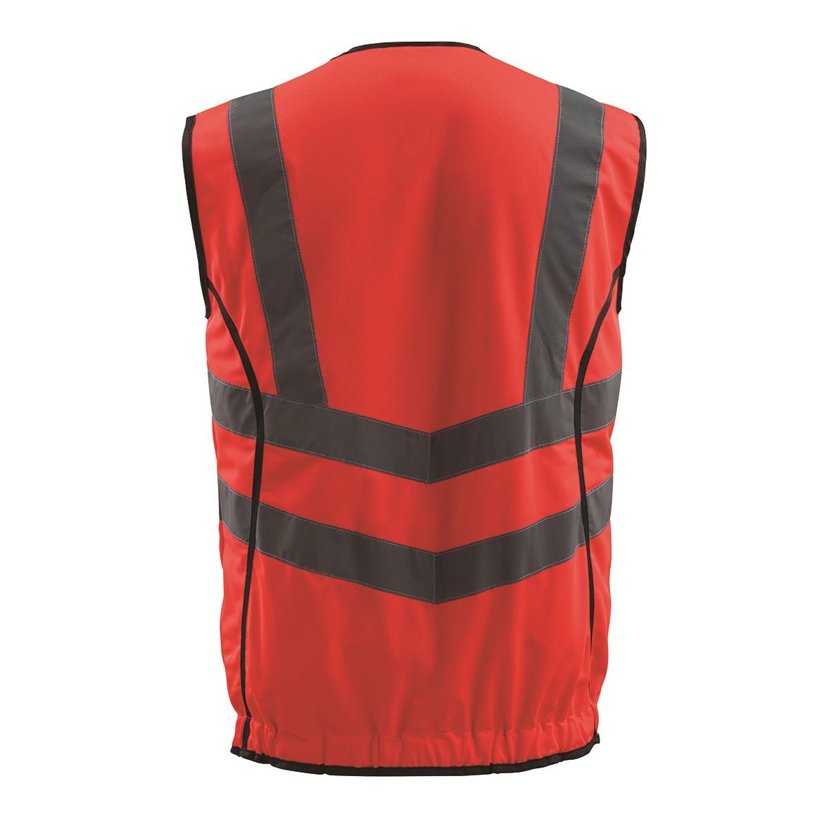 Röd varselväst med reflexremsor och svart kant, storlek XL