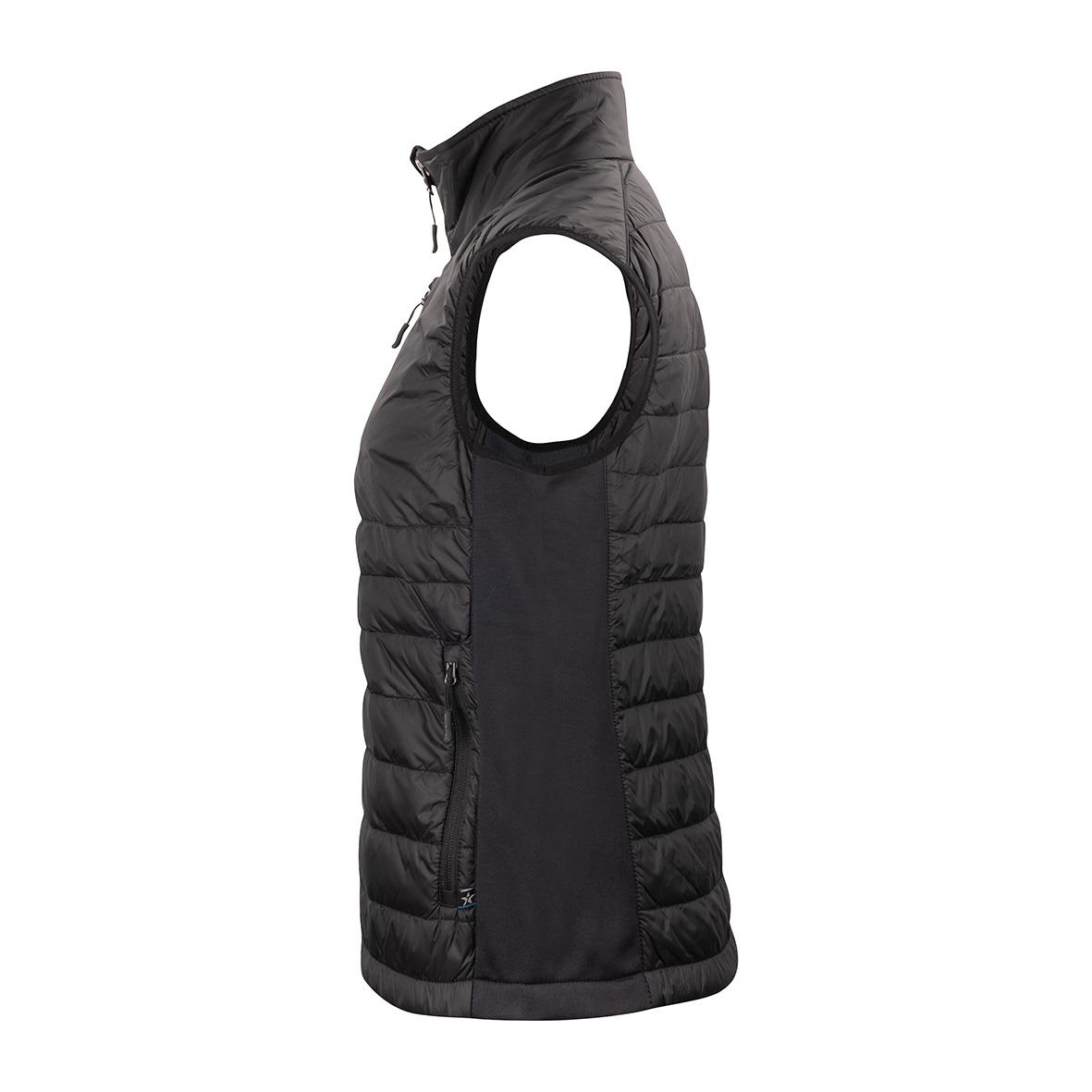 Svart väst med vadderad fram- och baksida, utan ärmar, från sidan
