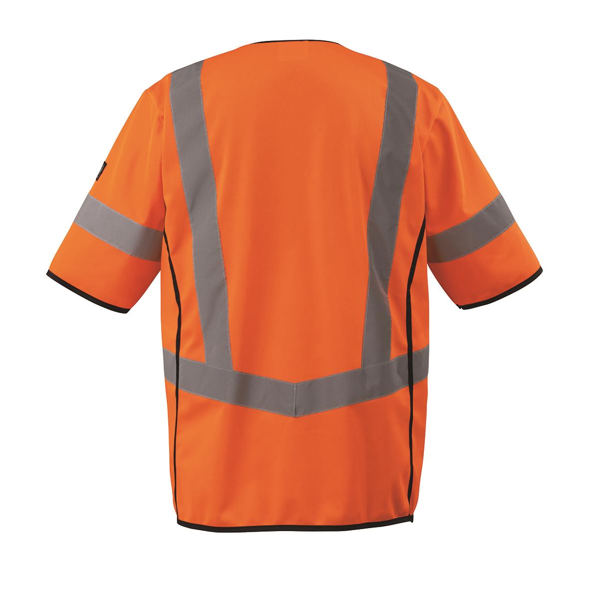 Varselväst i orange med reflekterande band, klass 3, för synlighet och säkerhet