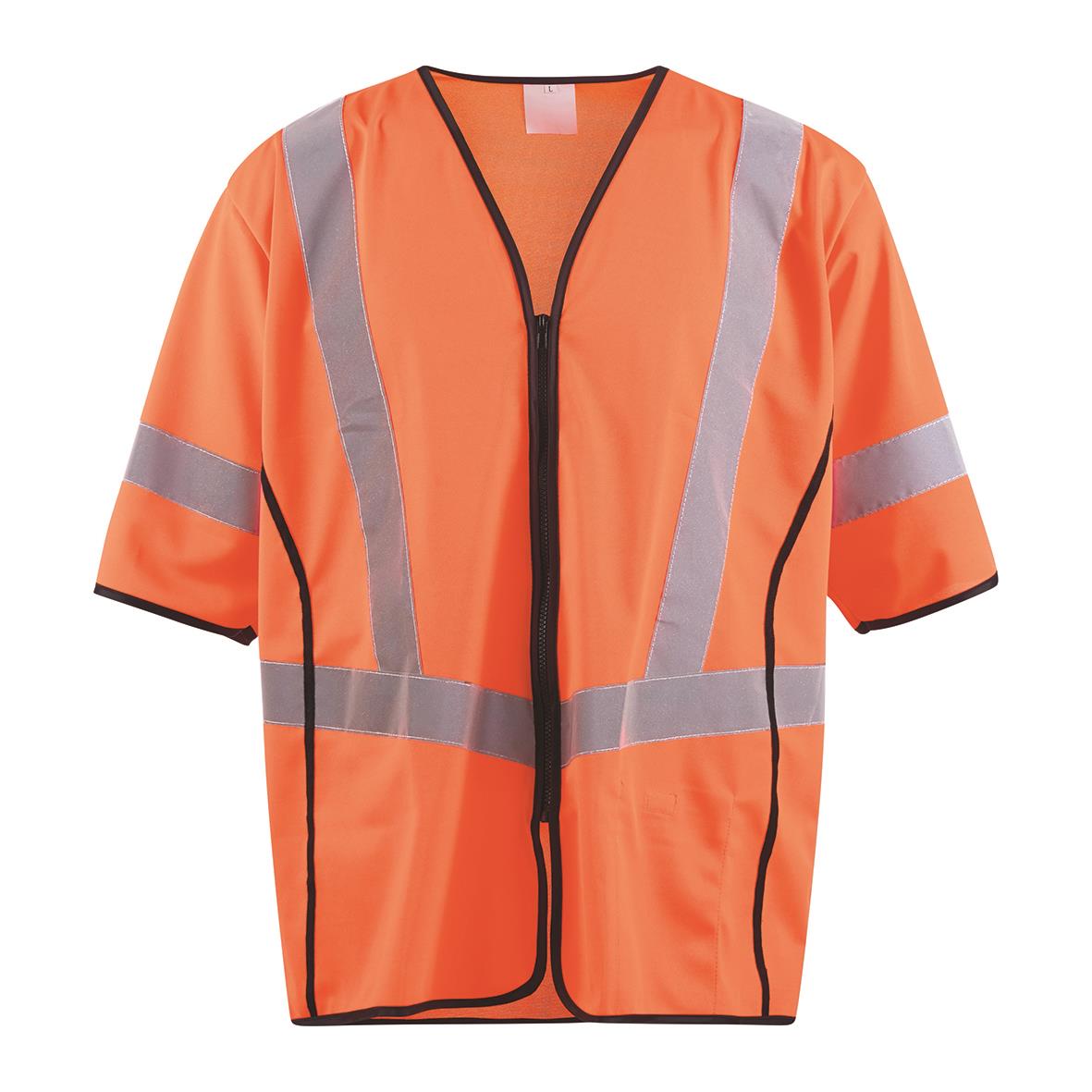 Varselväst i orange med reflexremsor och dragkedja, klass 3