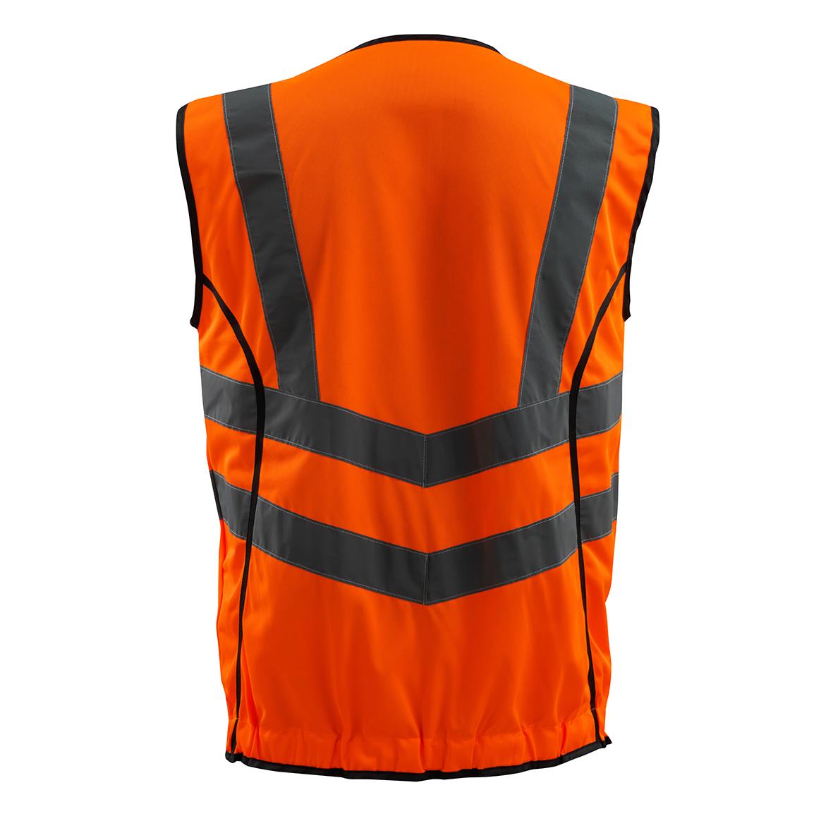 Varselväst i orange med reflekterande band och svart kant, märkning Mascot 50145-977, storlek L