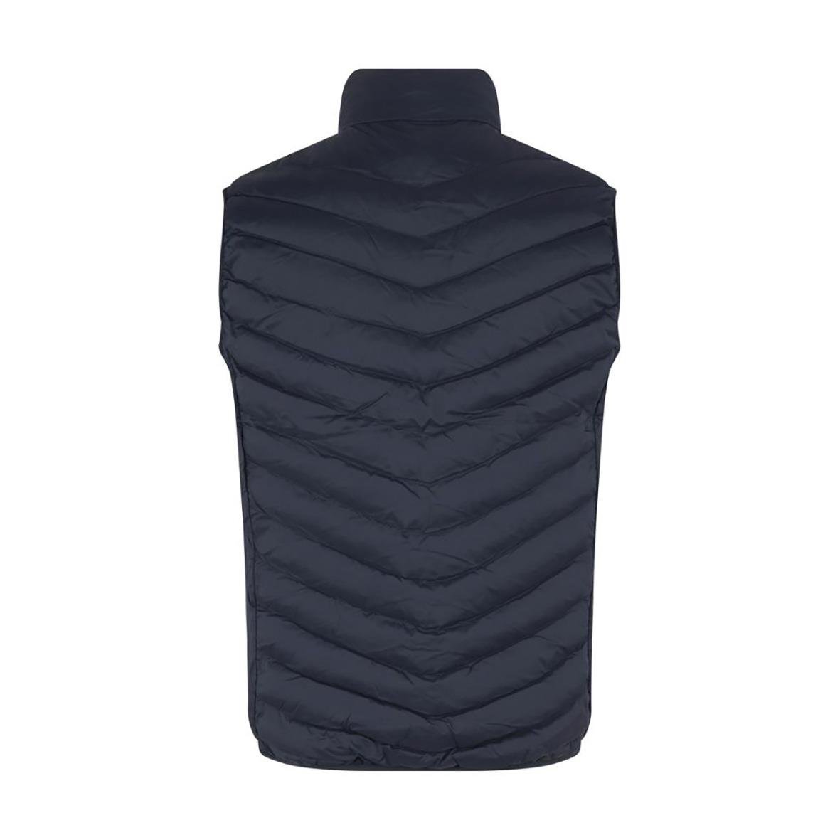 Mörkblå vadderad väst med hög krage och quiltad design