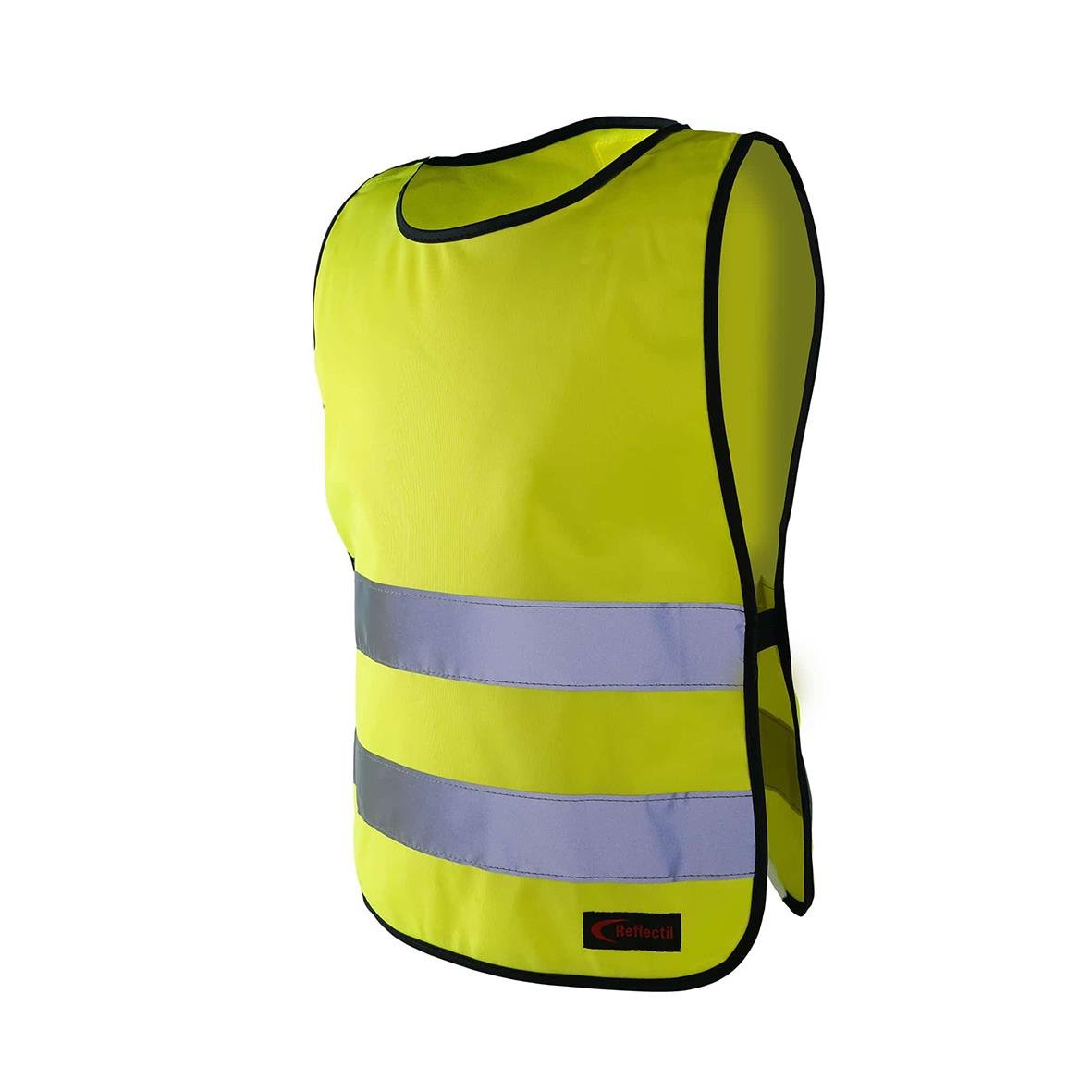Gul barnväst med reflexband och svart kant, liten storlek XS