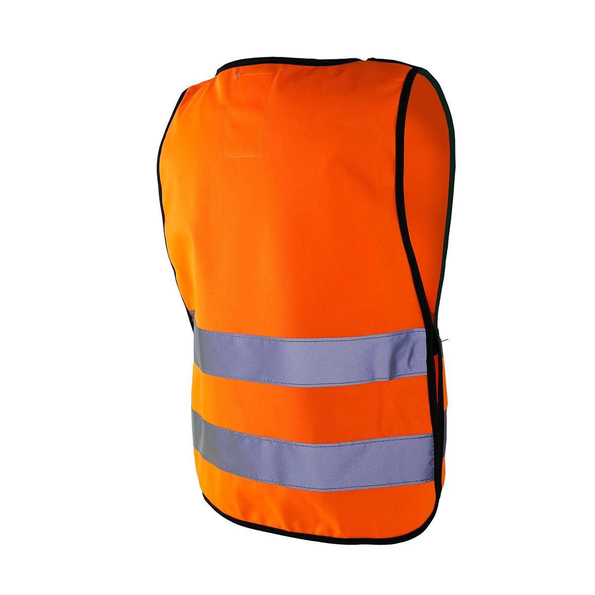 Barnväst i orange med reflexband och svart kant