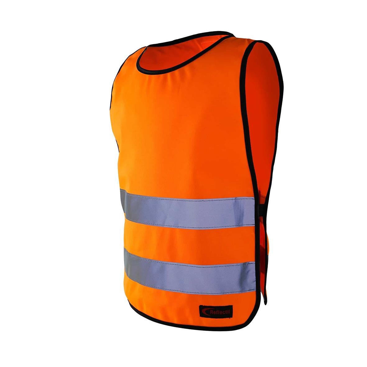 Barns orange varselväst med reflekterande band och svart kant, storlek XS