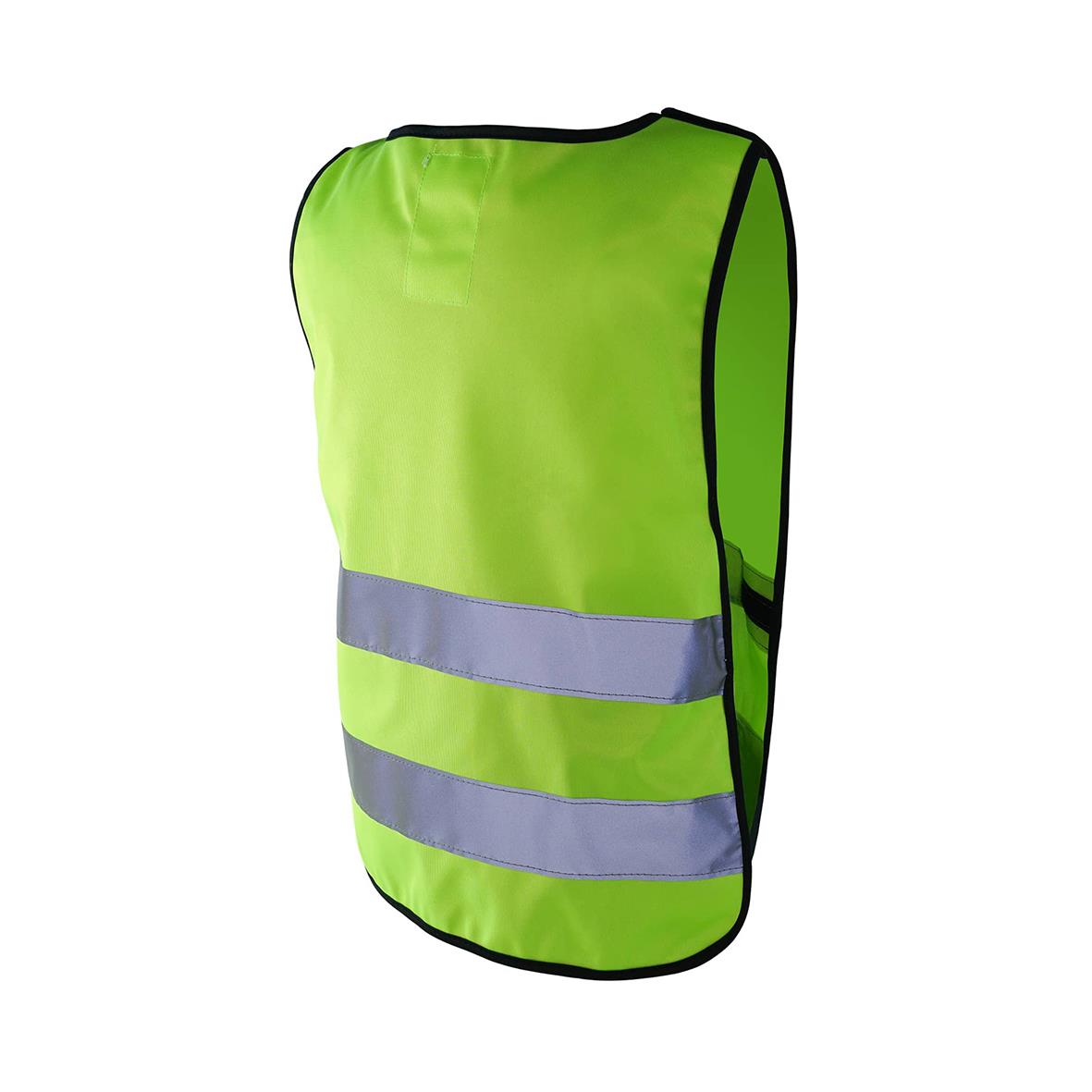 Grön varselväst för barn med reflekterande band och svart kant, storlek XXS