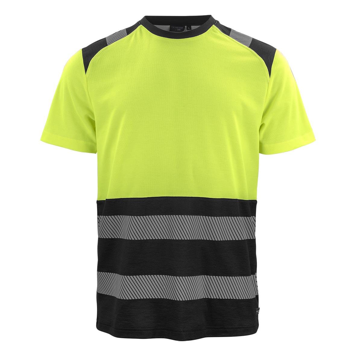 Varselgul T-shirt med svarta och gråa ränder, kort ärm, rund hals, storlek M