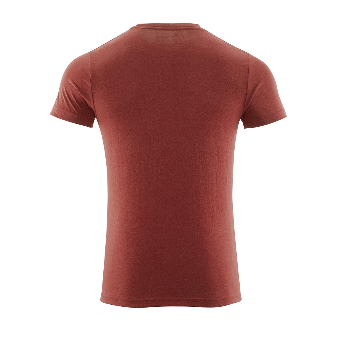 Rödbrunt t-shirt sett bakifrån, enkelt designat, för män eller kvinnor