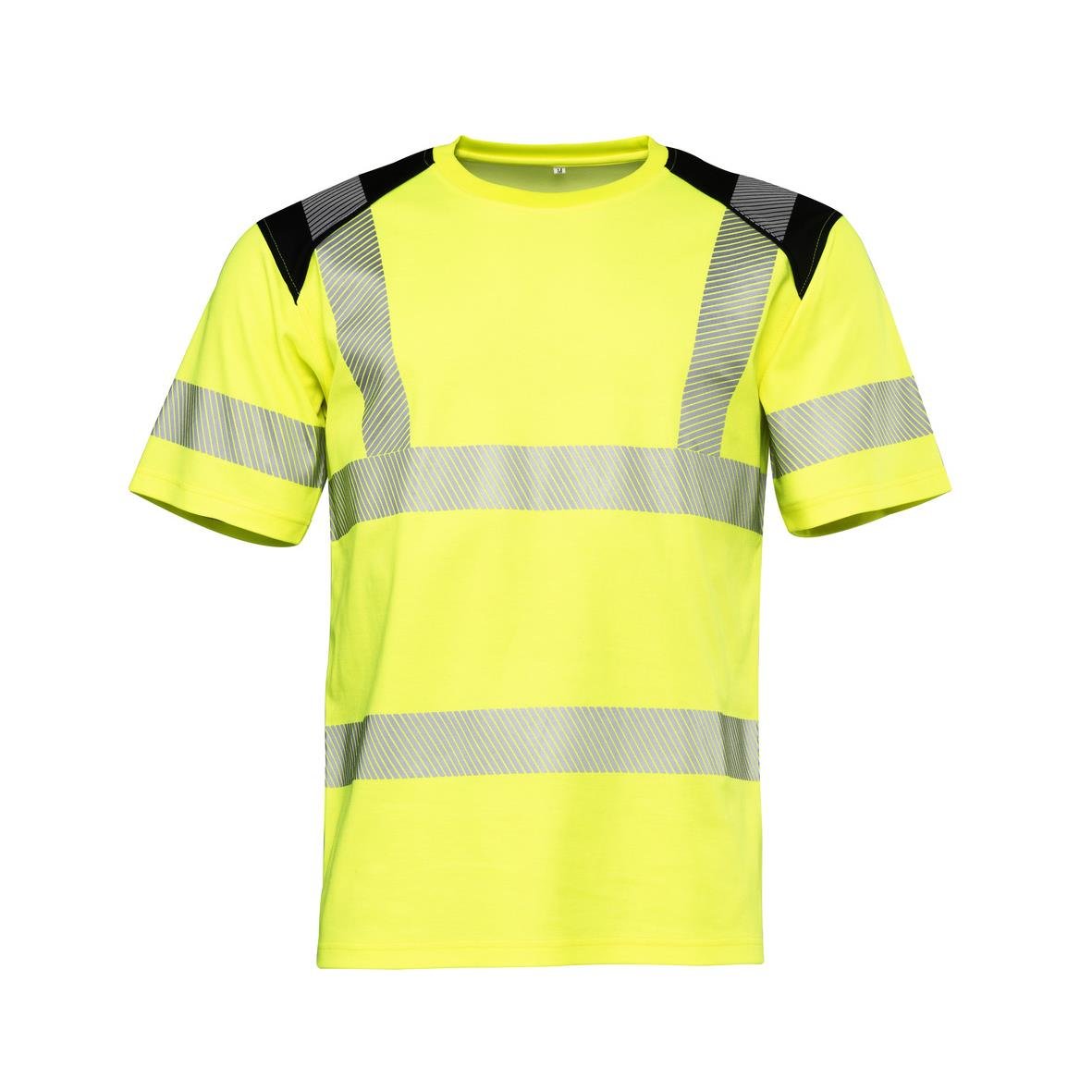 Högsynlig varselgul och svart arbets T-shirt med reflexremsor och axelskydd i storlek 2XS