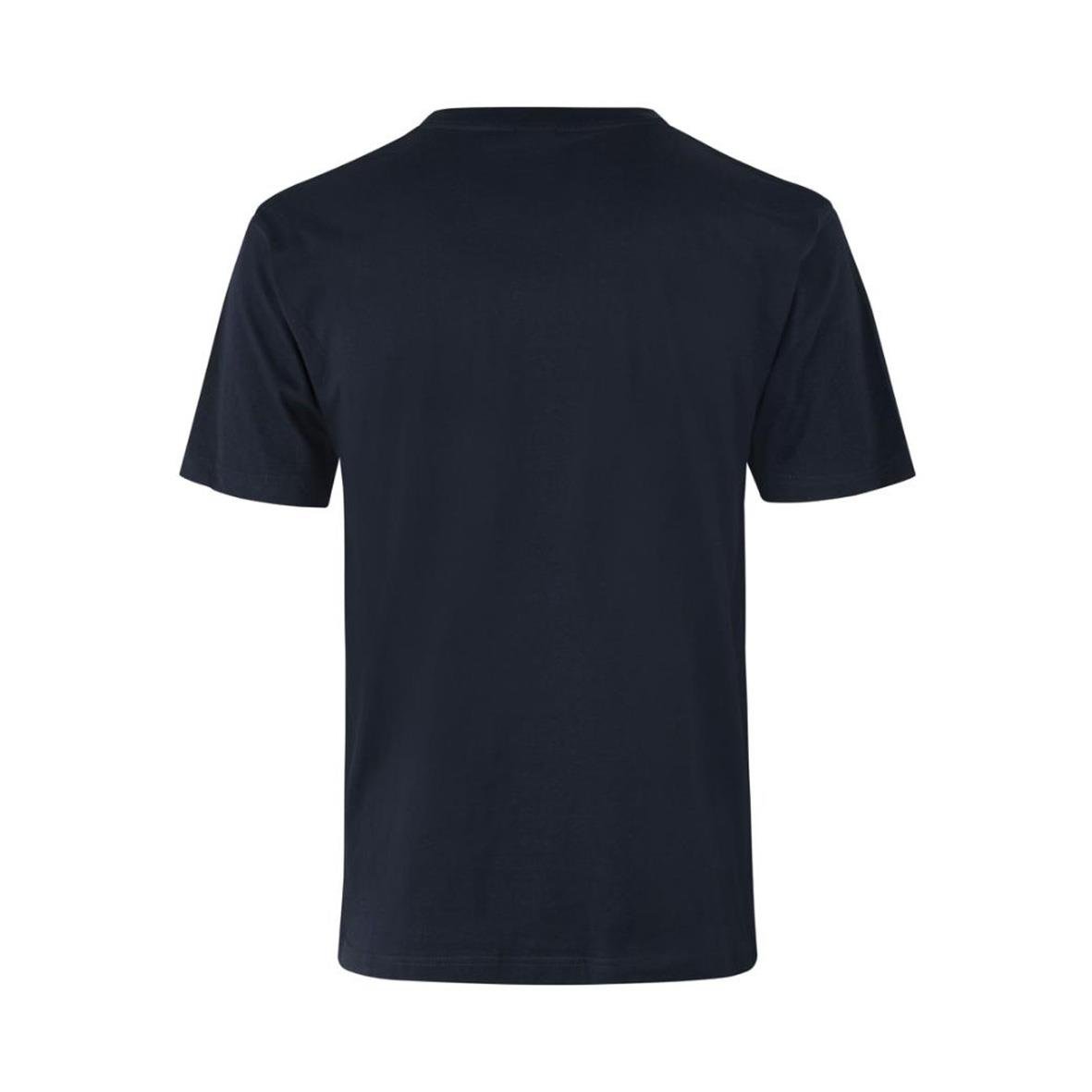 Mörkblå T-shirt med korta ärmar och rund hals sett bakifrån