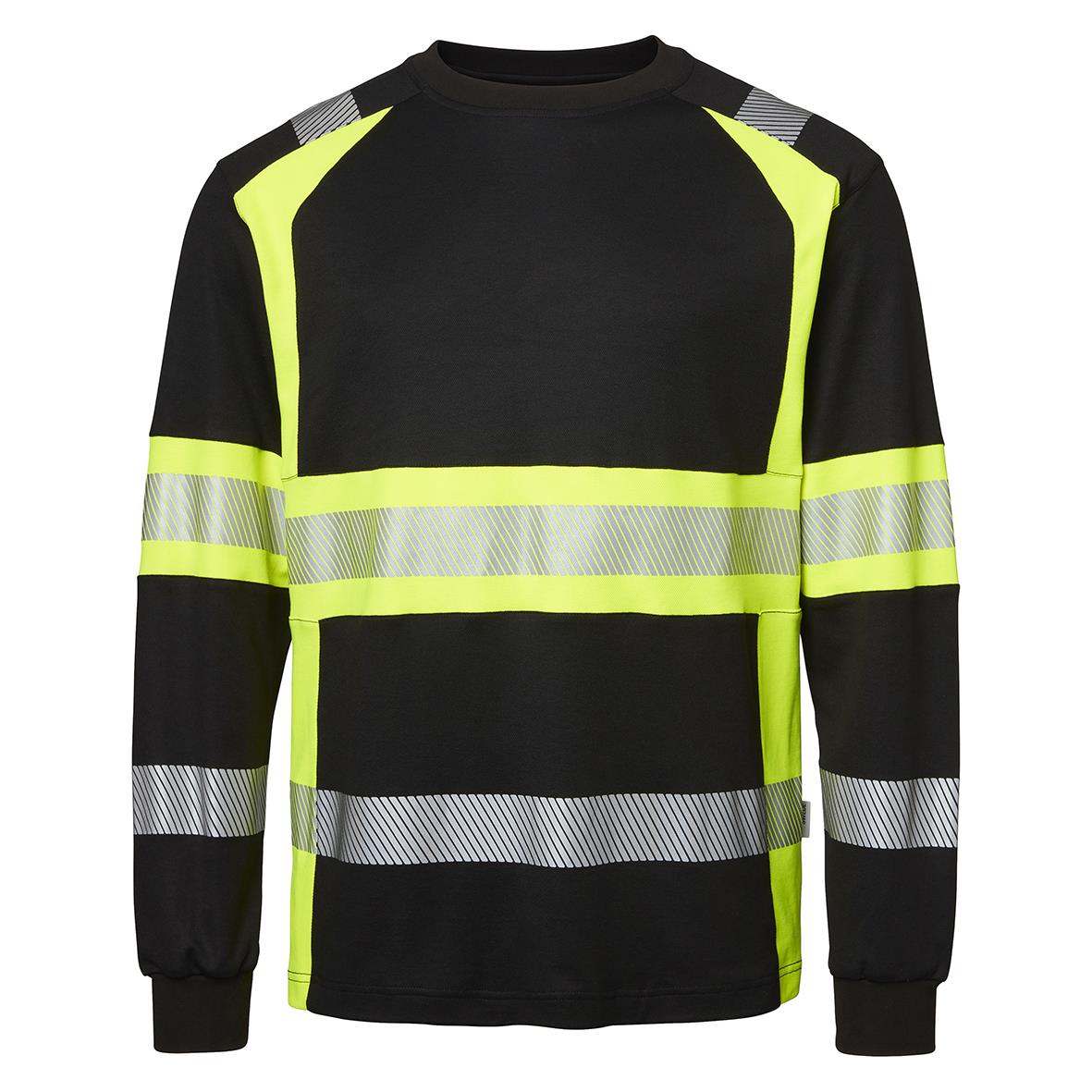 Svart T-shirt med varselgult reflexband och detaljer, långärmad, storlek M