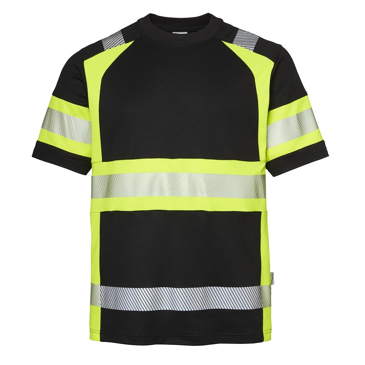 Svart T-shirt med varselgult och reflexer, kort ärm, storlek XS