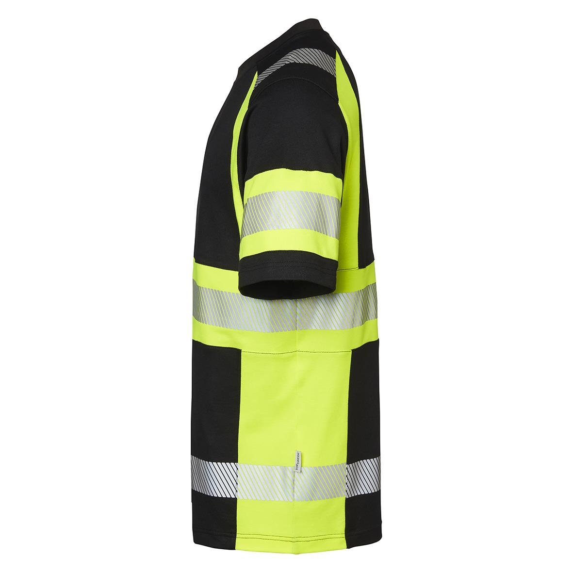 Svart T-shirt med varselgult och reflexband, kort ärm, storlek XS