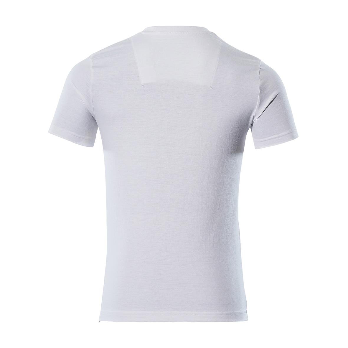 Vit T-shirt med kort ärm och rund hals sett bakifrån