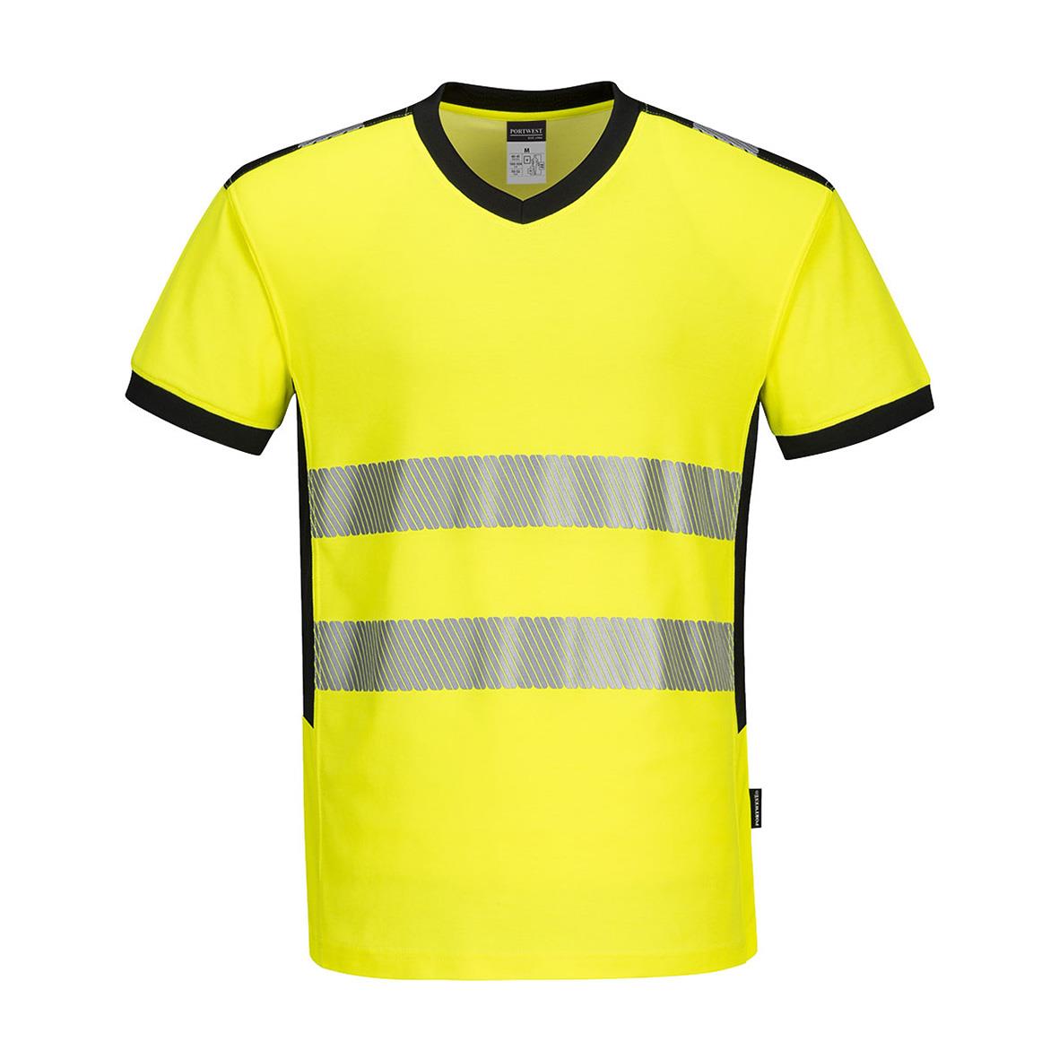 Varnings T-shirt i fluorescerande gult med reflekterande band och svart kant, storlek 3XL