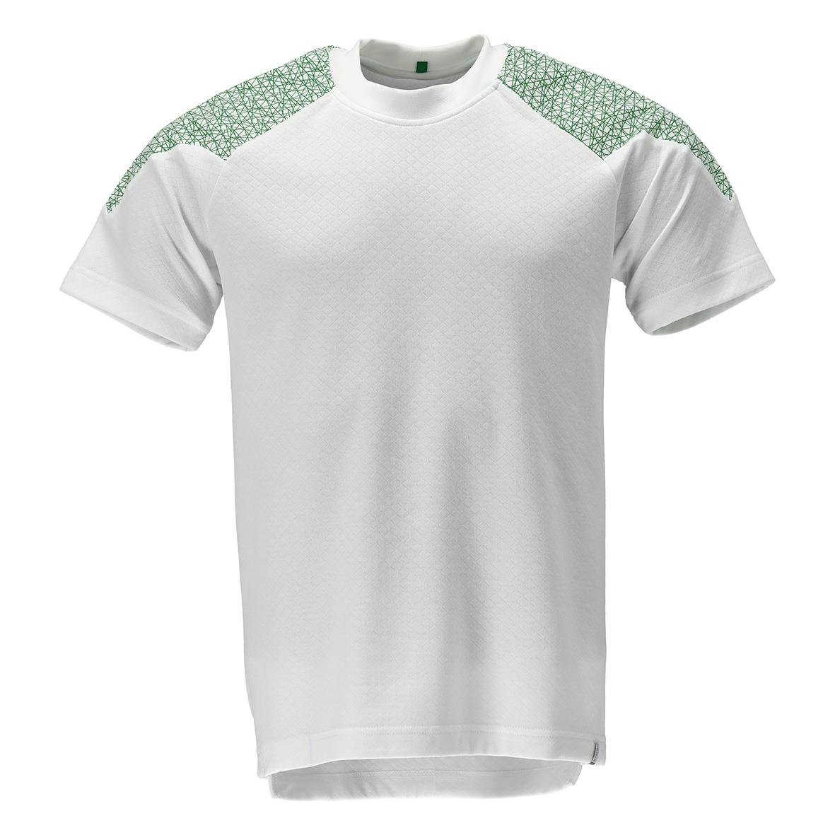 Vit t-shirt med gröna mönster på axlarna