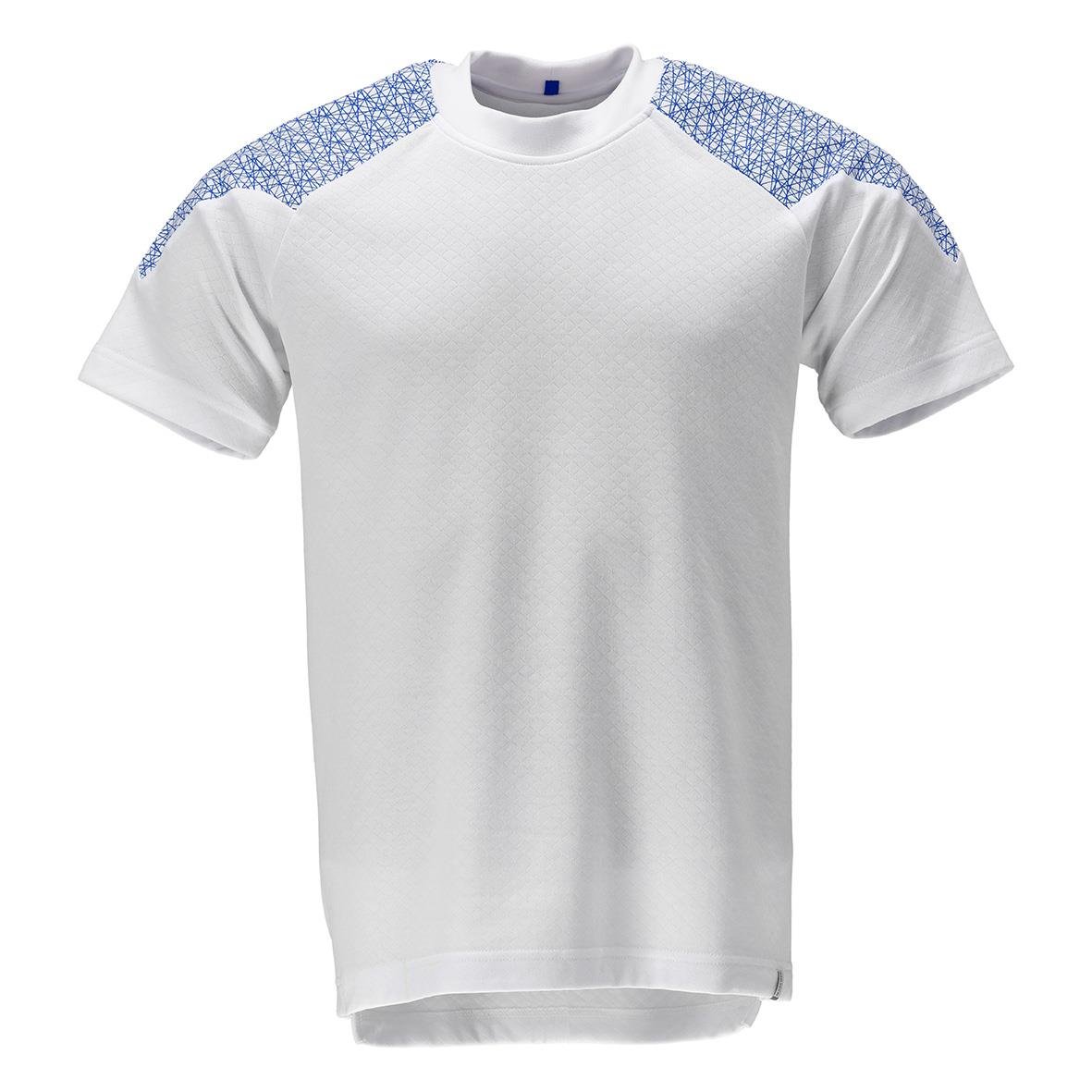 Vit t-shirt med blå mönster på axlarna
