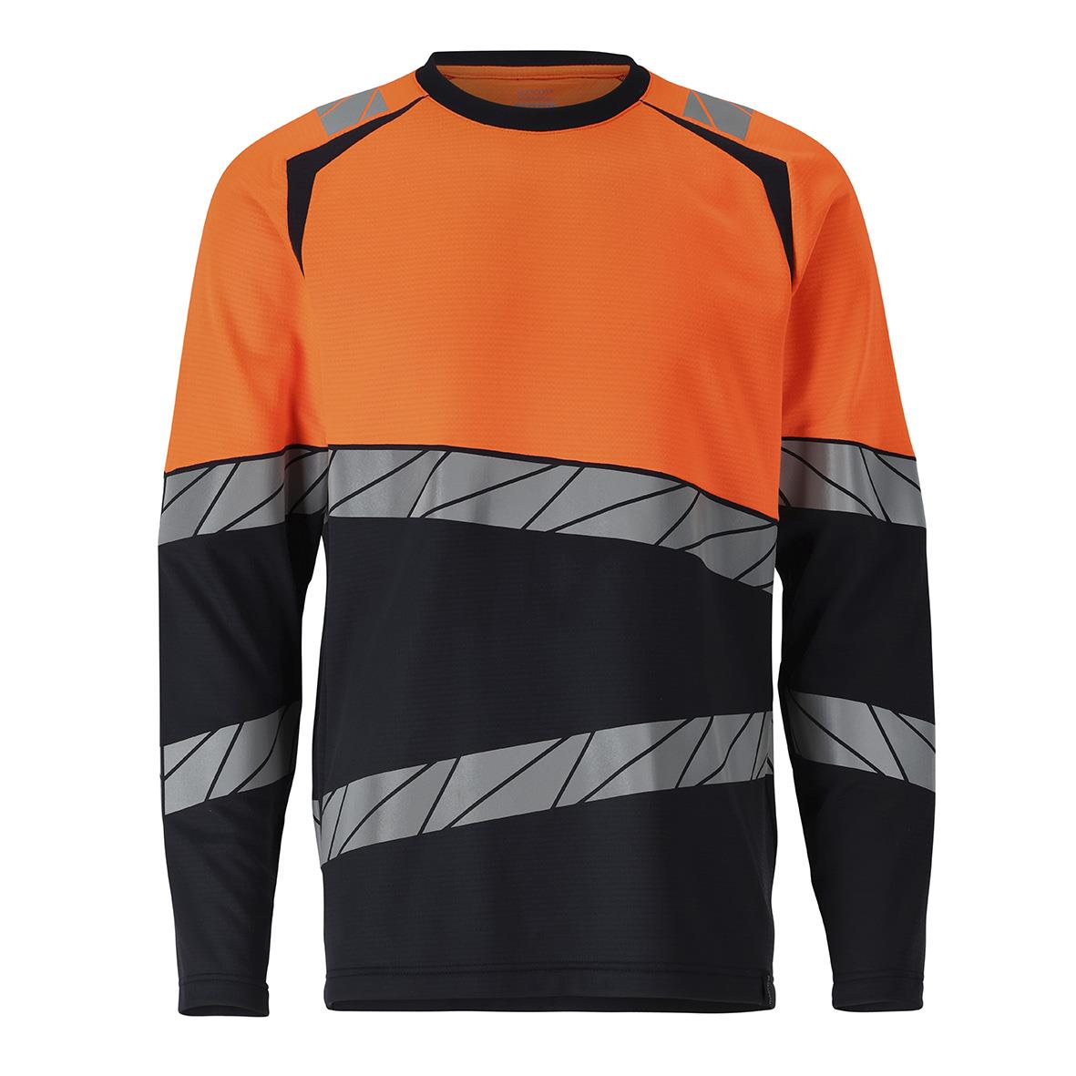 Långärmad sporttröja i orange, marin och svart med grafiska band, storlek 2XL