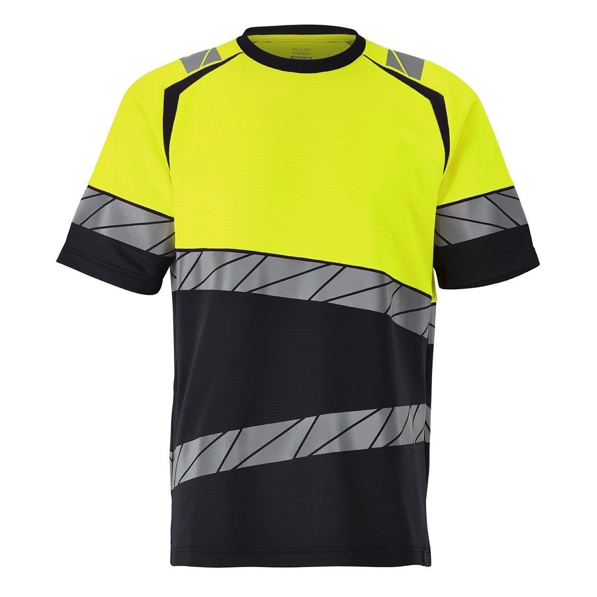 Sporttröja i gul och svart med gråa diagonala band och svarta ärmar