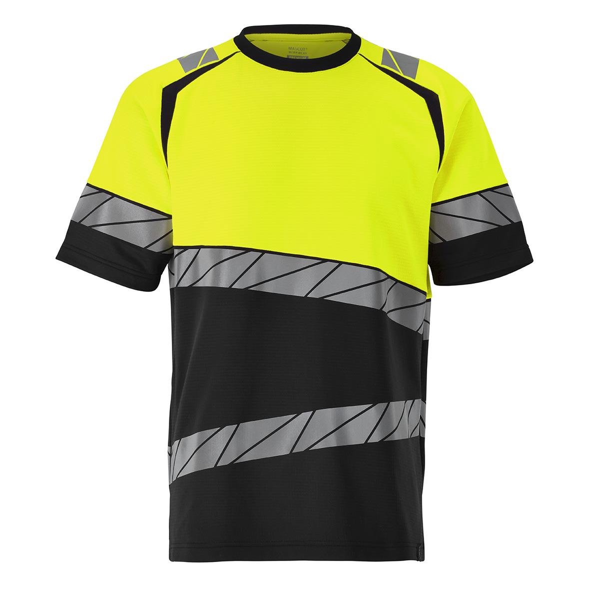 Svart och varselgul arbets T-shirt med reflexremsor och svart krage i storlek 2XL