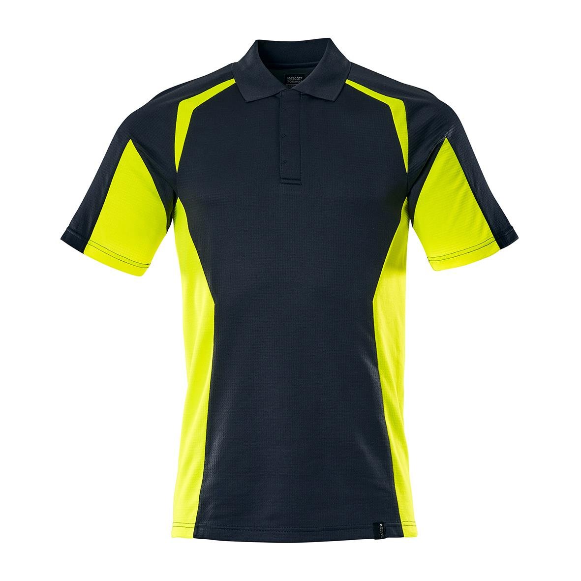 Pikétröja i mörk marin och varselgul med korta ärmar och krage