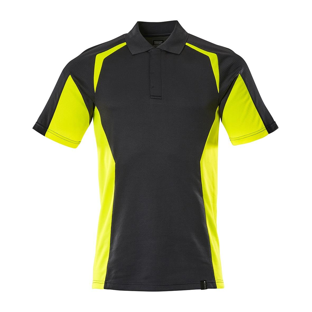 Svart pikétröja med varselgula detaljer och logo