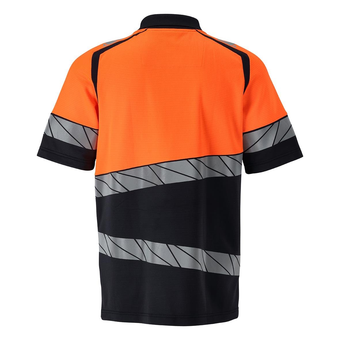 Orange och svart pikétröja med reflexremsor och svart krage