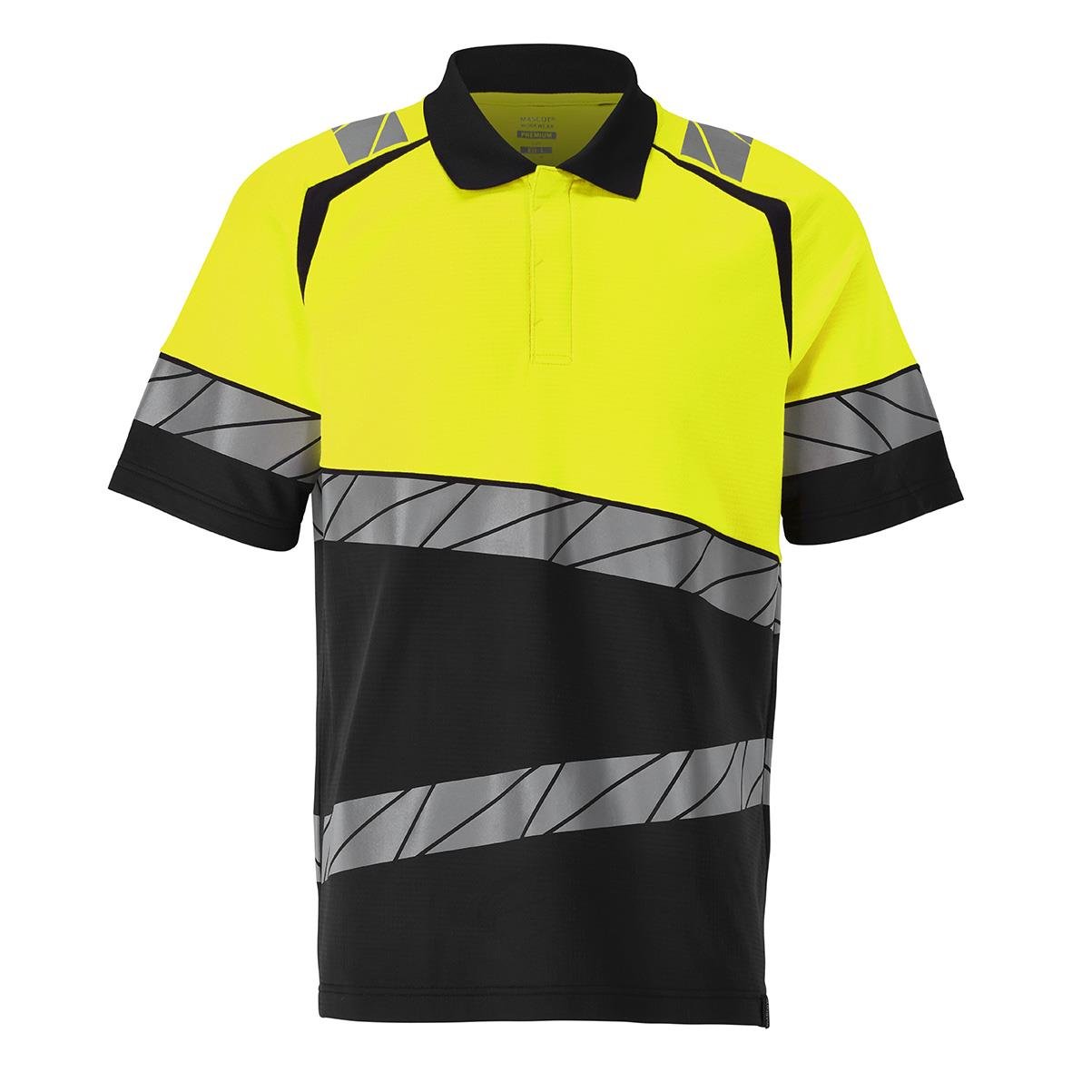 Pikétröja i svart och varselgult med reflexdetaljer, storlek 2XL