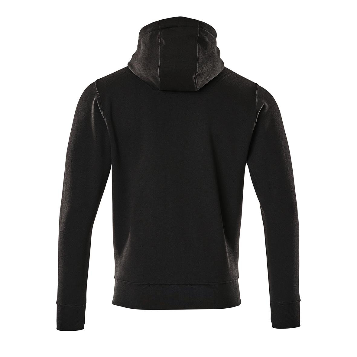 Svart huva-tröja med dragkedja och luva, sett bakifrån