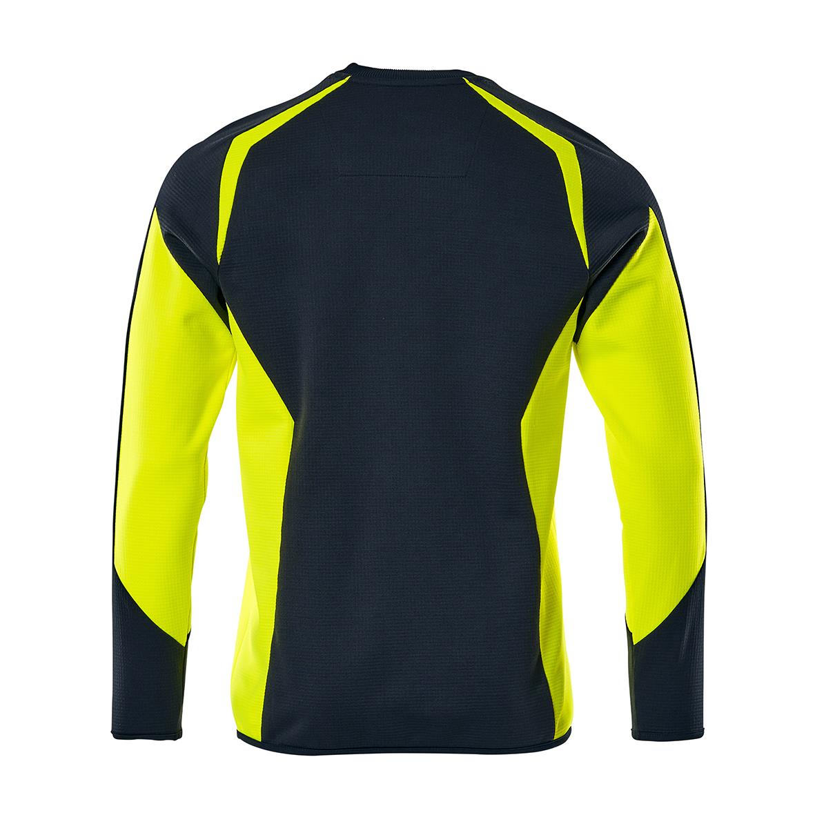 Mörk marin sweatshirt med varselgul detaljer på axlar och ärmar